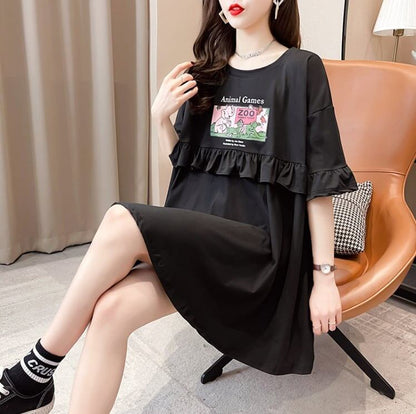 ミドル丈のイレギュラー半袖Tシャツワンピース<F-5007>