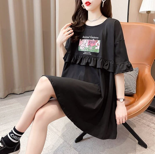 ミドル丈のイレギュラー半袖Tシャツワンピース<F-5007>