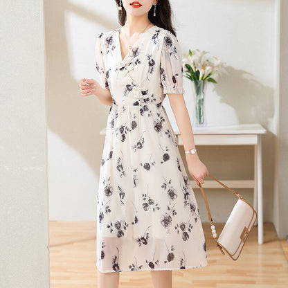 今季マストバイ シフォン ファッション 花柄 半袖ワンピース<F-8452>