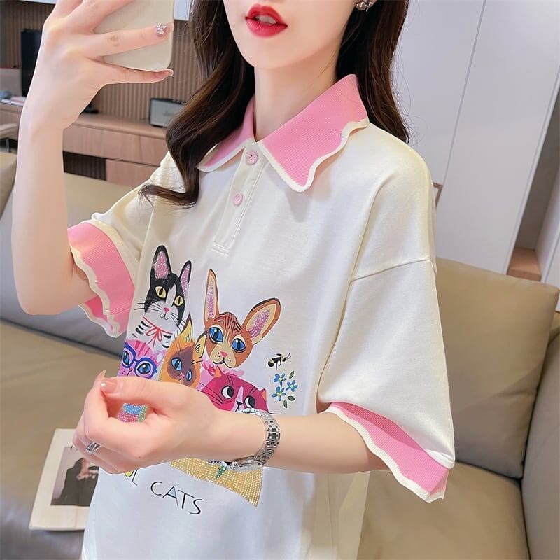 デザインセンスゆったりプリントトップラペルTシャツポロシャツ<F-2898>