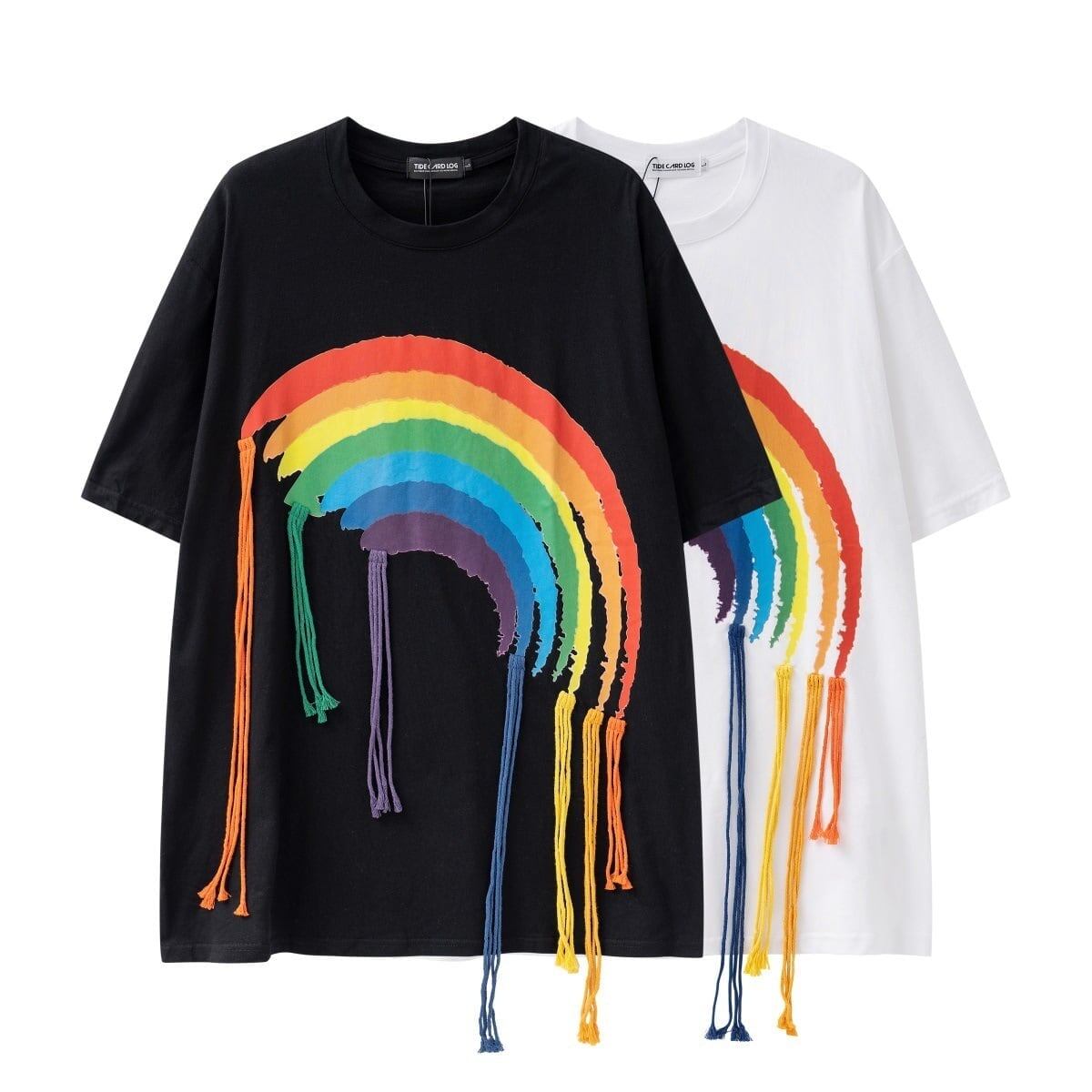 好感度UP 虹ロゴ タッセル ゆったり Tシャツ 全2色 ユニセックス半袖F-4863