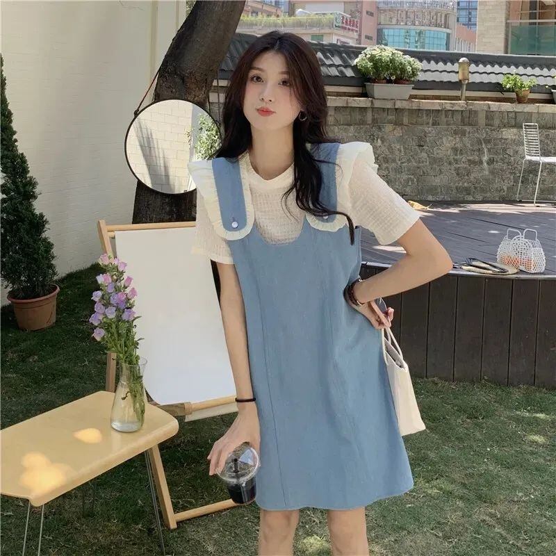 美人度アップ デニム 大人可愛い 全2色 半袖Tシャツ+サスペンダースカート セットF-8782
