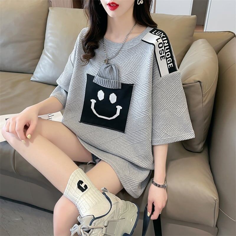 エレガントな立体ジャガードルーズウールパッチステッチ半袖Tシャツ<F-2901>