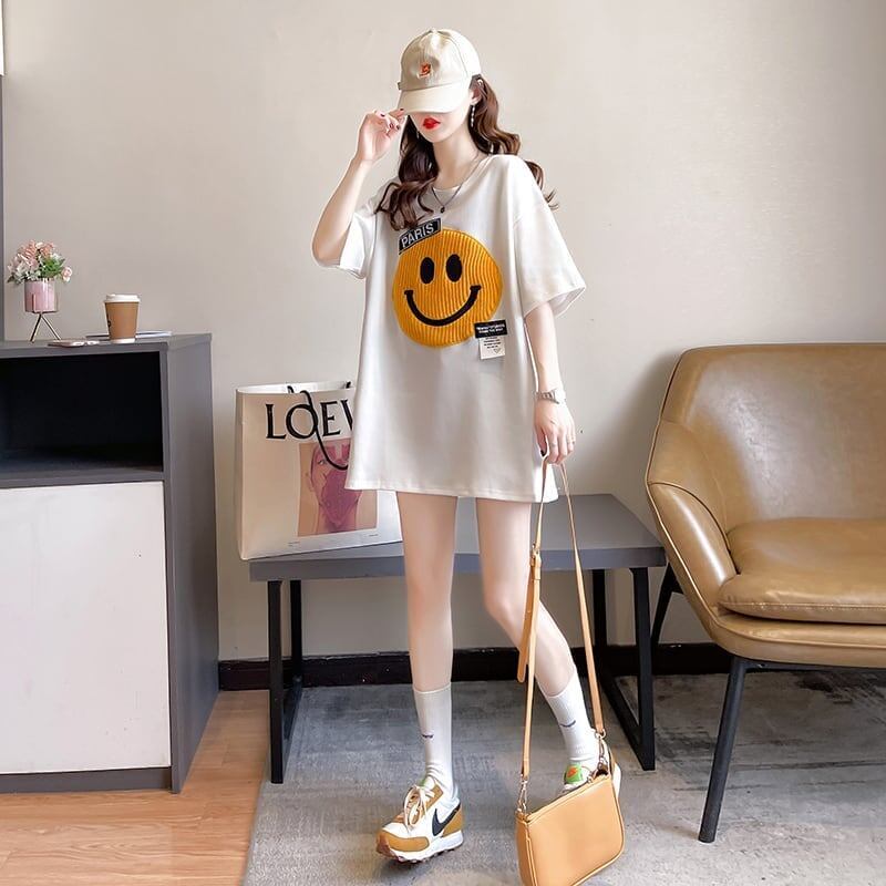 質感のいい ニコちゃん刺繍 スマイル ロング Tシャツ ゆったり半袖 ＜F-2947＞