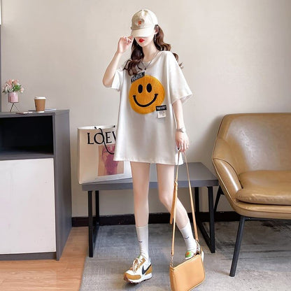 質感のいい ニコちゃん刺繍 スマイル ロング Tシャツ ゆったり半袖 ＜F-2947＞