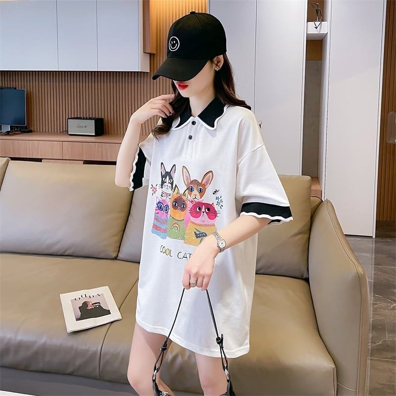 デザインセンスゆったりプリントトップラペルTシャツポロシャツ<F-2898>