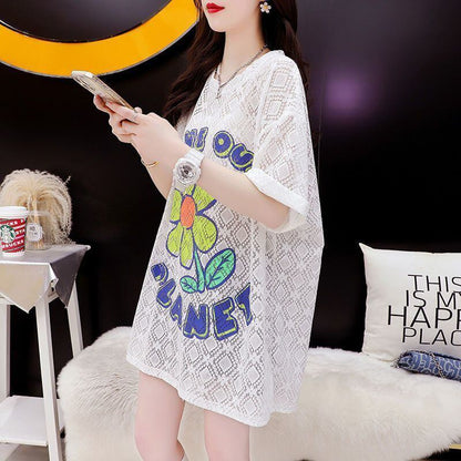 【半額！期間限定！！】新商品 切り替え 一目惚れ 透かし彫り プリント Tシャツ カットソー＜F-8523＞