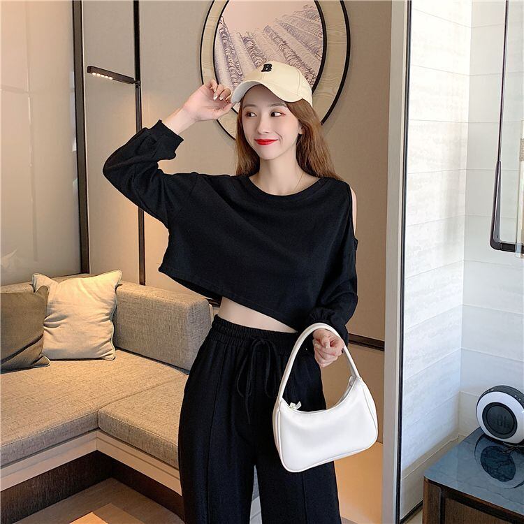 韓国風ファッション カジュアル ?感?佳 全2色 長袖Tシャツ＆ハイウエストワイドレッグパンツのセットアップF-9103