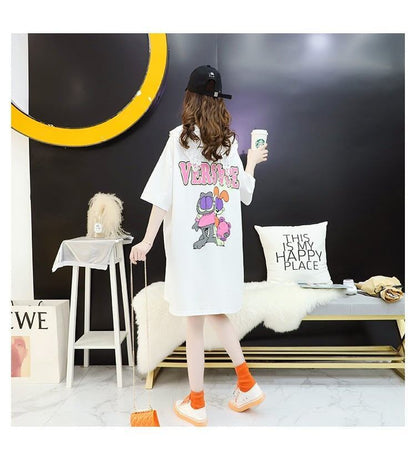 デザインセンスのあるミドル丈のトレンドプリントドールカラー半袖Tシャツワンピース<F-3018>