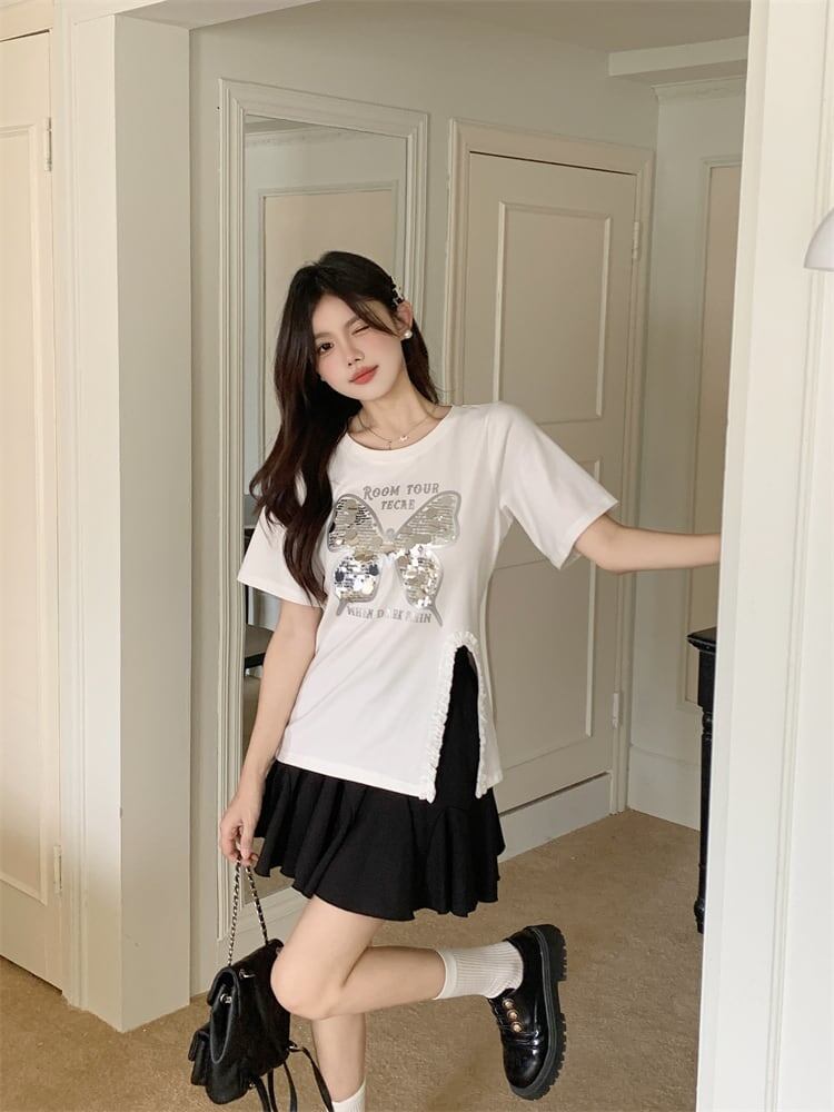 絶対欲しい キュート 超人気 ピンク プリント スパンコール 3色選択 半袖Tシャツ＜F-8570＞