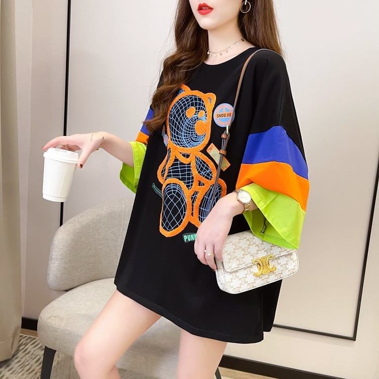 超人気商品   ベアー柄 プリント ロング Tシャツ ゆったりワンピース ＜F-4024＞