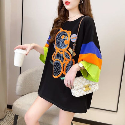 超人気商品   ベアー柄 プリント ロング Tシャツ ゆったりワンピース ＜F-4024＞