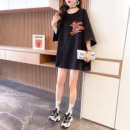 【人気商品再入荷！】   デザイン個性ゆったりミドル丈半袖Tシャツ<F-3036>