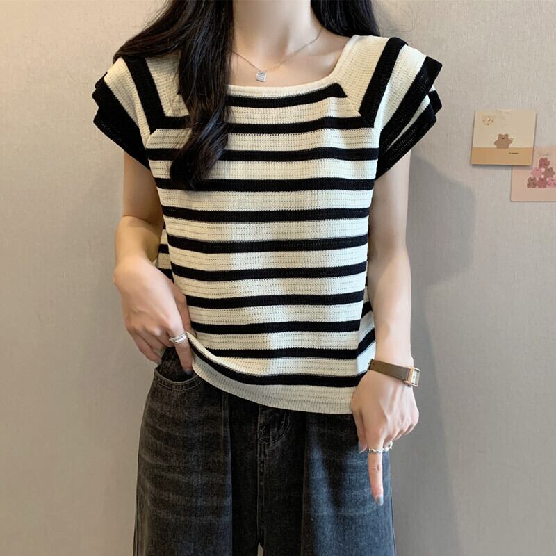 今季マストバイ ファッション カジュアル エレガント ストライプ柄 Tシャツ<F-8339>