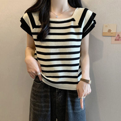 今季マストバイ ファッション カジュアル エレガント ストライプ柄 Tシャツ<F-8339>