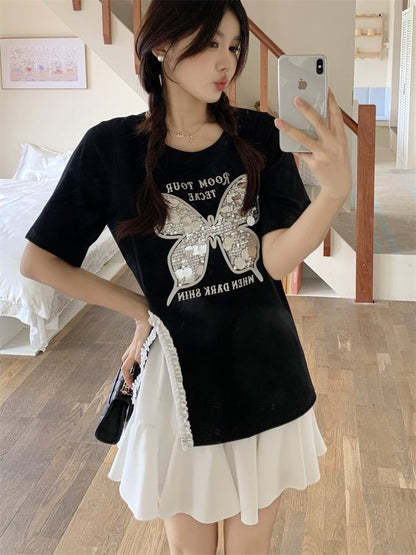 絶対欲しい キュート 超人気 ピンク プリント スパンコール 3色選択 半袖Tシャツ＜F-8570＞