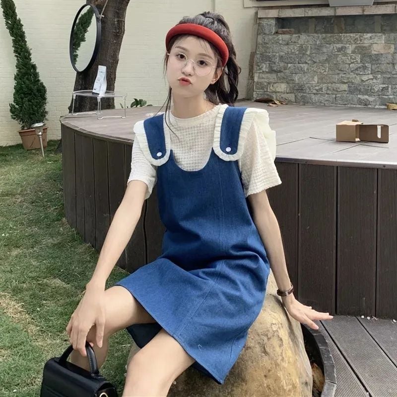 美人度アップ デニム 大人可愛い 全2色 半袖Tシャツ+サスペンダースカート セットF-8782