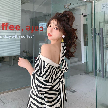 スタイルアップ 上質 美人度アップ リボン ストライプ柄 ワンピースF-9202