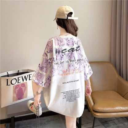 【半額！期間限定！！】大好評 プリント 猫柄 ロング Tシャツ 四色 ゆったりワンピース ＜F-4017＞