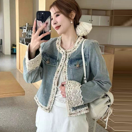 女性らしさ全開♡ デニム レース 切り替え ジャケット F-50150
