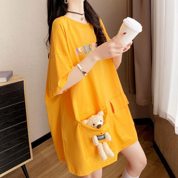 ぬいぐるみクマ付き カジュアル オーバーサイズ Tシャツ F-13550