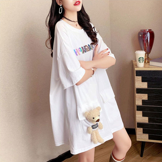 ぬいぐるみクマ付き カジュアル オーバーサイズ Tシャツ F-13550