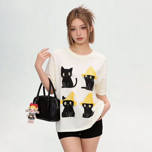 丸首 黒猫プリント 合わせやすい カジュアル 万能 着瘦せ Tシャツ F-50092