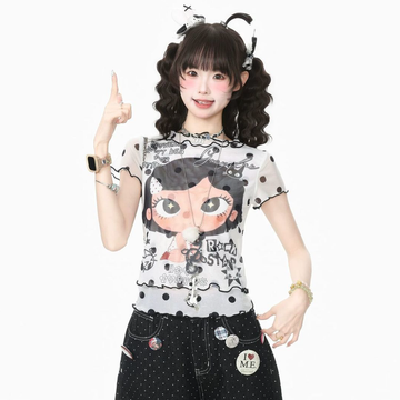 着瘦せ 水玉 プリント メッシュ Tシャツ F-13579