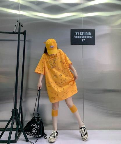 売り切れ必至 ゆったり ファッション感満々 ロング丈 3色半袖Tシャツ＜F-9086＞