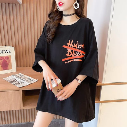 デザイン個性ゆったりミドル丈半袖TシャツF-3036