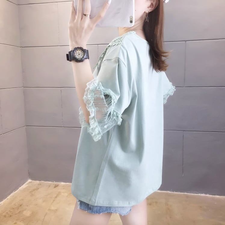 エレガントなレースステッチ半袖Tシャツ<F-3030>