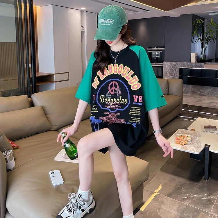 夏新作   プリント ラグランTシャツ 三色 ゆったりワンピース ＜F-4003＞
