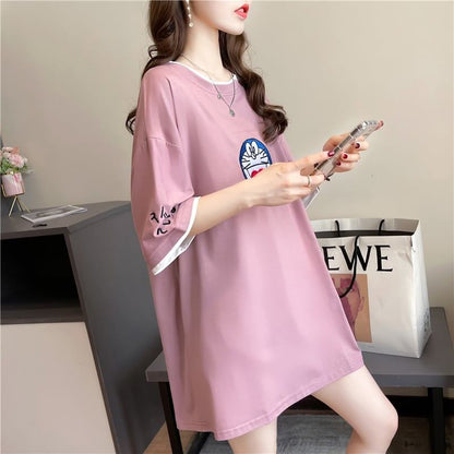 韓国系 ドロップショルダー 刺? レイヤードTシャツ ゆったり半袖 ＜F-3053＞