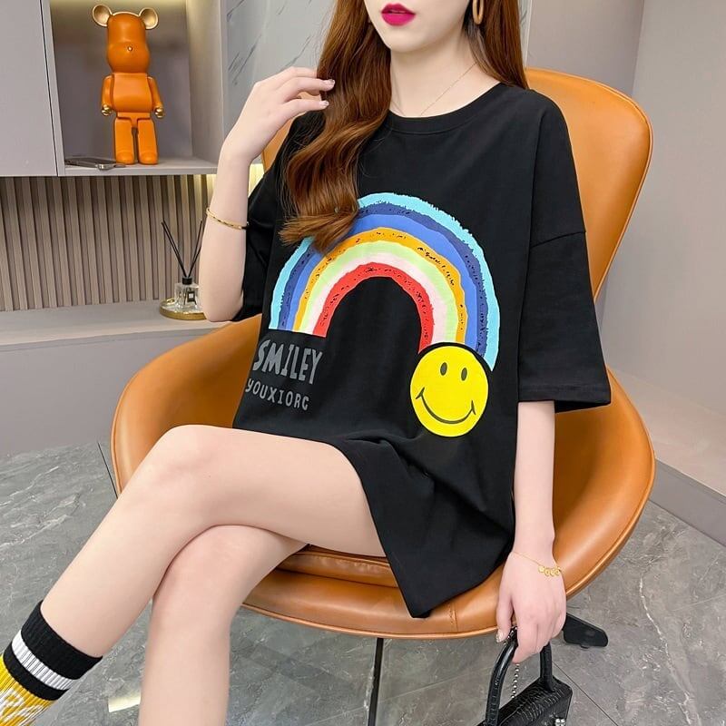 レインボースマイリーファッションオールマッチルーズ半袖Tシャツ<F-2860>