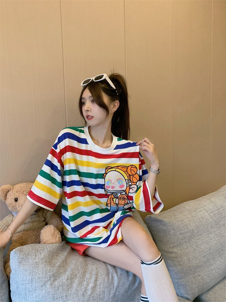売り切れ必至 トレンドアイテム 存在感抜群 ストライプ柄 半袖TシャツF-9270