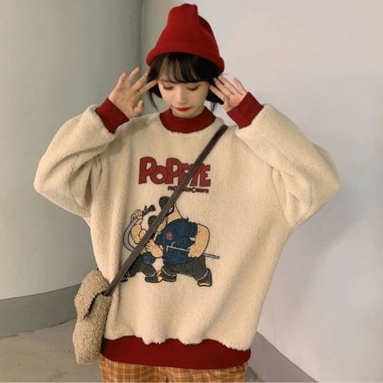 韓国系ふわふわグラフィックロゴボアスウェットトップス全2色F-4208