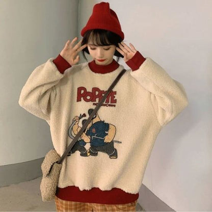 韓国系ふわふわグラフィックロゴボアスウェットトップス全2色F-4208