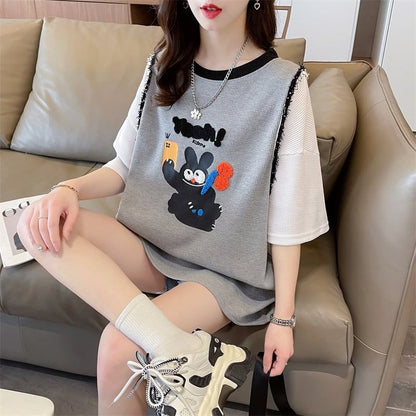 ワッフルフェイクツーピース漫画立体刺繍半袖Tシャツ<F-2871>