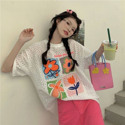 新作   透かし彫り 半袖 Ｔシャツ <F-8089>