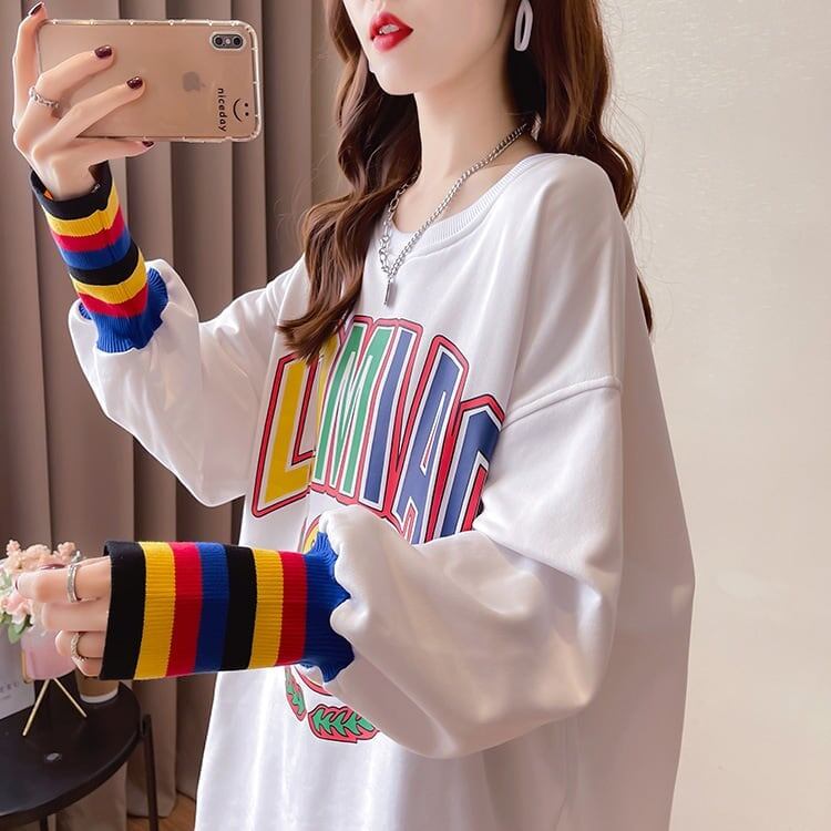 着?せ グラフィックプリント 虹色 ロング長袖Tシャツ 三色トップス＜F-4107＞
