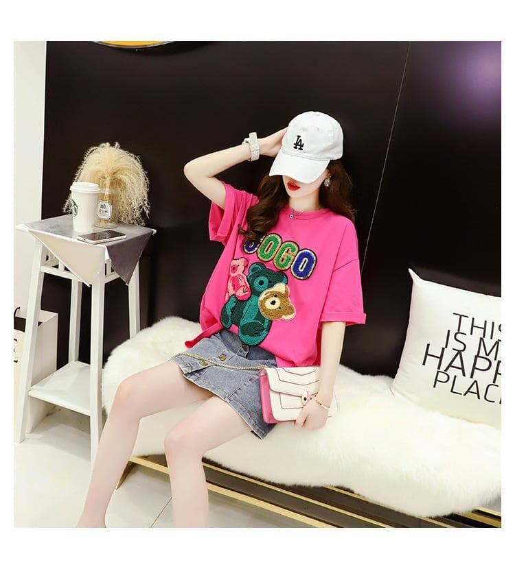 重工業スパンコール外国風おしゃれ植毛刺繍クマ半袖Tシャツ<F-2911>