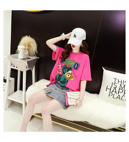 重工業スパンコール外国風おしゃれ植毛刺繍クマ半袖Tシャツ<F-2911>