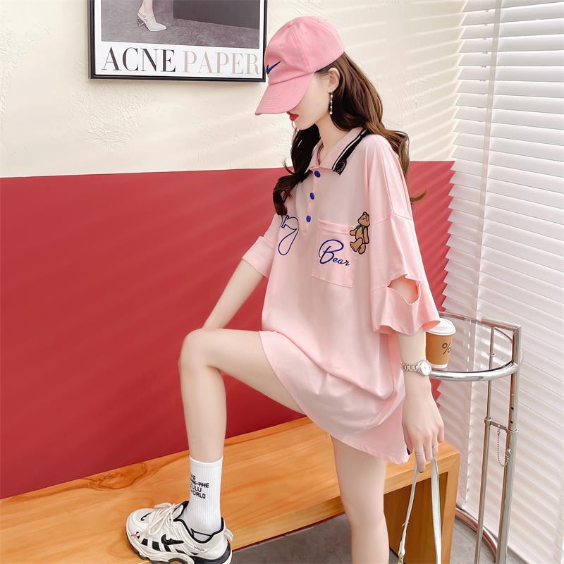 POLOネック   ベアー ロング Tシャツ 三色 ゆったりワンピース＜F-3991＞