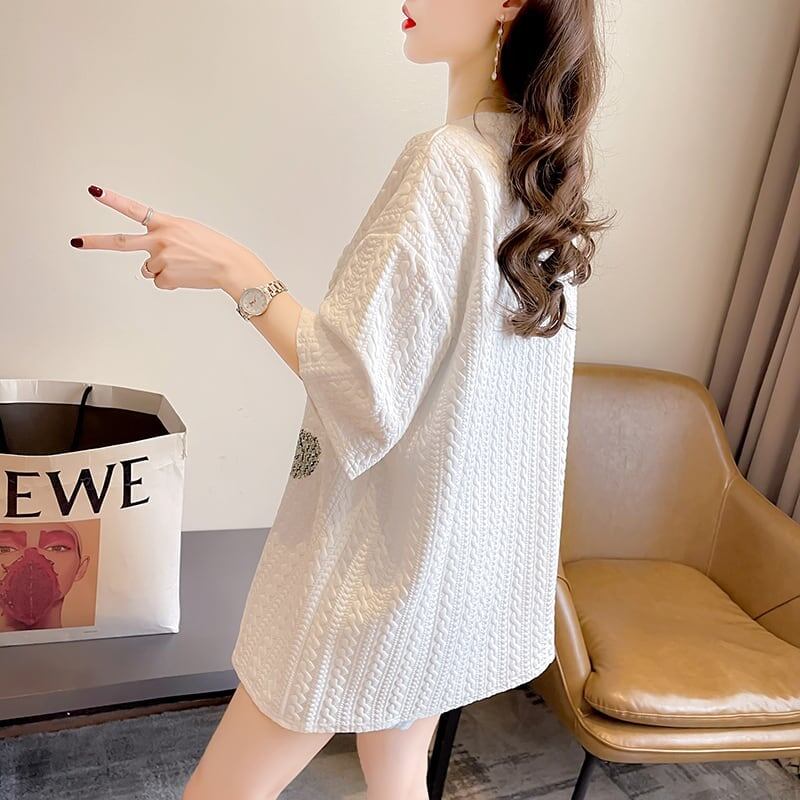 高級立体ハンドビーズコットン半袖Tシャツ<F-2998>