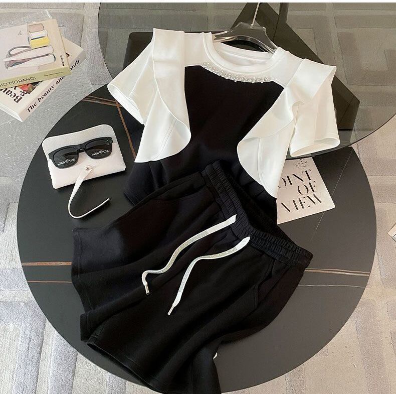新商品 ホットダイヤモンド 絶対欲しい 切り替え 半袖 Tシャツ ショートパンツ セットアップF-8864