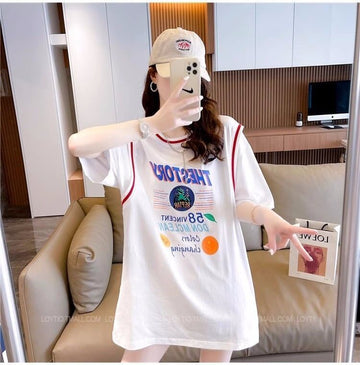 組み合わせやすい 白 プリントTシャツ  ロング アルファベット ＜isf-2843＞