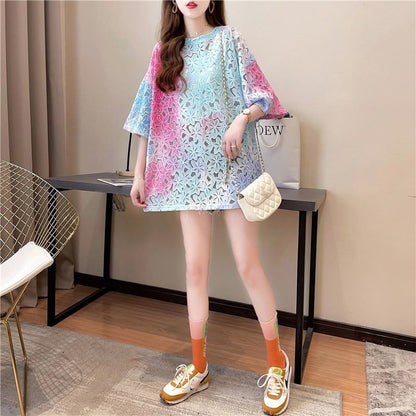 オシャレ度満点 ラウンドネック スタイリッシュ 透かし彫り Tシャツ カットソー＜F-2957＞