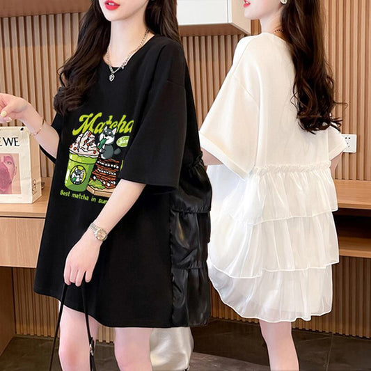 着回し力抜群 切り替え プリント ロング Tシャツ ゆったり半袖 Tシャツ ＜F-8498＞