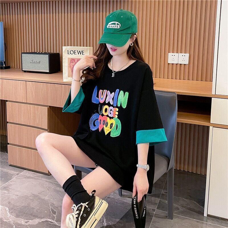 絶対欲しい プリント ラウンドネック 切り替え 全2色 半袖Tシャツ ＜F-8672＞