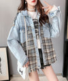 絶対流行 ファッション 活躍する優秀アイテム チェック柄 切り替え デニム Tシャツ ＜F-9264＞